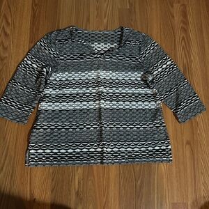 Striped Black White Geometric Abstract Textured Women's 3/4 Sleeve Top Retro Y2k